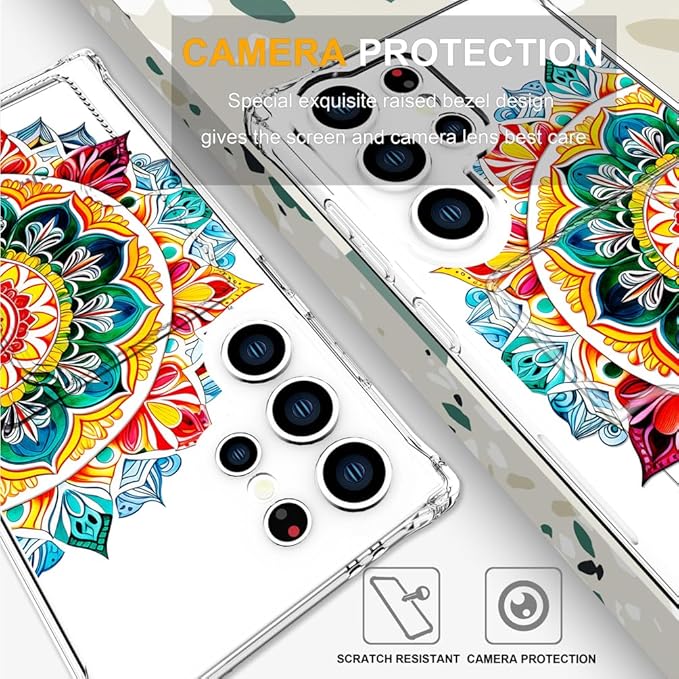 Compatible with Samsung Galaxy S24 Ultra Case Card Holder for Women Cute Design,Wallet Phone Cases Transparent Cool Kawaii Protective (Clear Mandala Henna Flower)