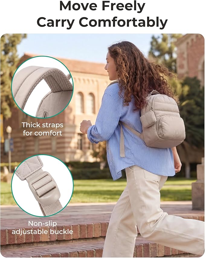 BAGSMART Small Backpacks for Women, Lightweight Puffer Mini Backpack Purse with Pouch, Quilted Casual Daypack, Water-Resistant Bookbag for Daily Travel College, 2-in-1 Set, Latte Brown
