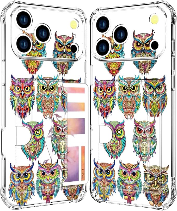 Compatible with iPhone 17 Pro Max Case Card Holder for Women Cute Design,Wallet Phone Cases Transparent Cool Kawaii Protective (Clear Colorful Owls Cartoon)