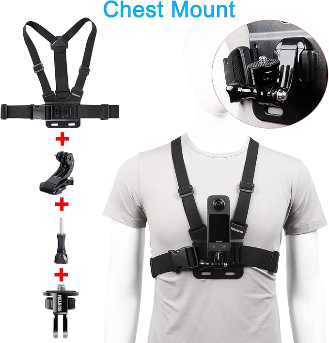 PellKing Accessories Kit for Insta360 X5 X4 ONE X3 X2 X GO 3s RS R, 4in1 Chest Strap Harness/Head Mount/Neck Holder/Backpack Strap Mount for Insta 360 GoPro DJI Action Camera
