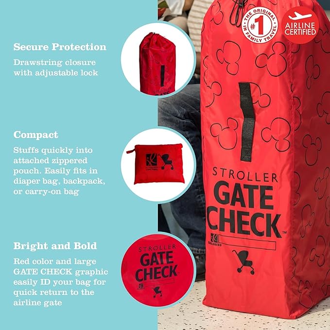 J.L. Childress Disney Baby Gate Check Bag for Umbrella Strollers - Travel Bag for Airplane, Fits Most Single Umbrella Baby Strollers, Airport Accessories for Gate Check - Mickey Mouse, Red