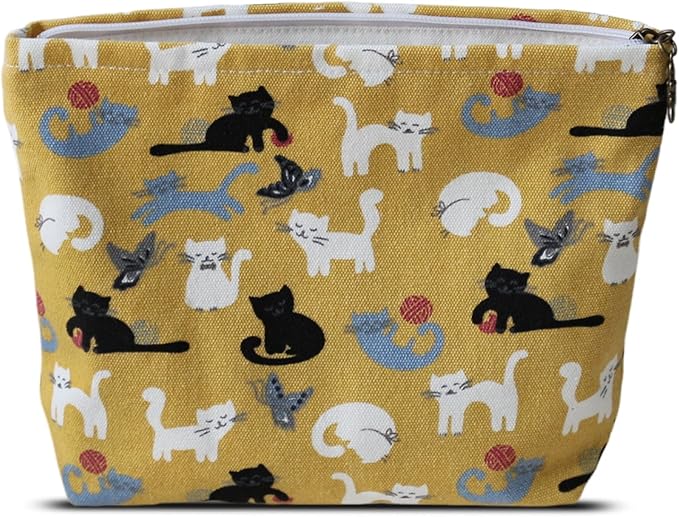 HAPPYHEIDI Canvas Pouch Travel Organizer, Brown Cats, Cotton Blend, Animal Print, Zipper Closure, 7.1x2.4x7 Inches