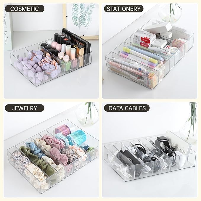 FRETONBA 2Pcs Cable Charger Organizer Box, Large Cords Storage Organizer with Adjustable Compartments and Wire Ties, Stackable Cord Organizer for Drawer - Clear