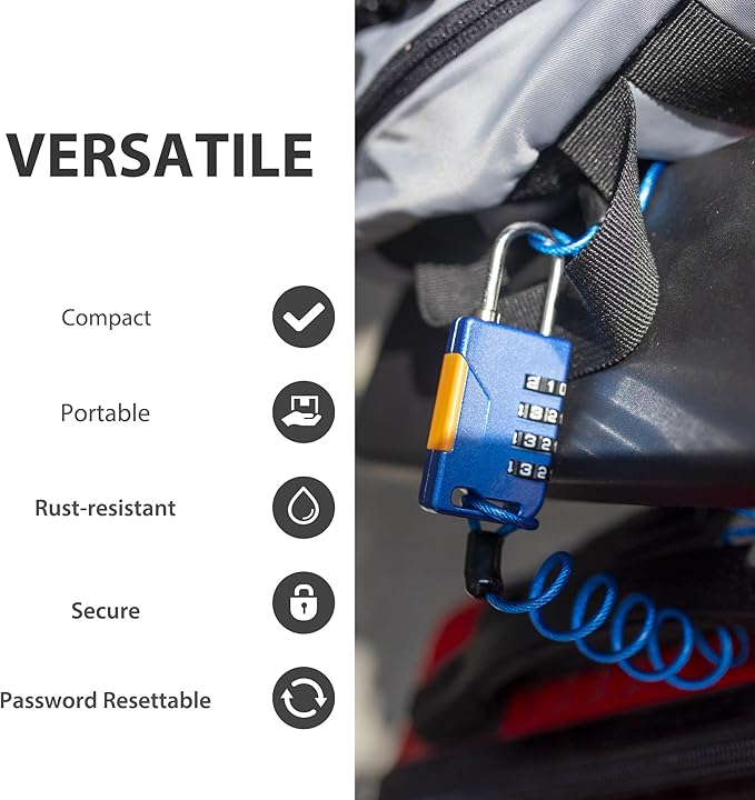 Ski Lock, Combo Lock with Retractable Cable (36in), Padlock Combination with Cable for Snowboard, Bike, Luggage, Suitcase, Locker, Fridge, Refrigerator, Cabinet, Outdoor Fence (Blue)