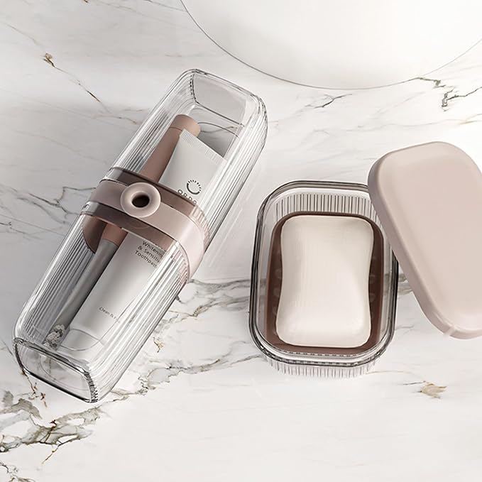 Toothbrush Travel Case & Travel Soap Holder Dish Tray Set of 2, Portable Clear Toothbrush Holders with Cover Leakproof Bar Soap Holder for Traveling School Camping Business Bathroom