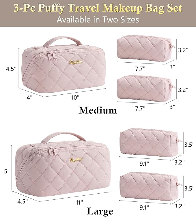 Travel Makeup Bag, 3 Pcs Large Capacity Puffy Toiletry Bag for Women, Open Flat Make up Cosmetic Organizer w/Handle & Clear Divider Water-resistant Portable Pouch Travel Essentials, L-Light Pink