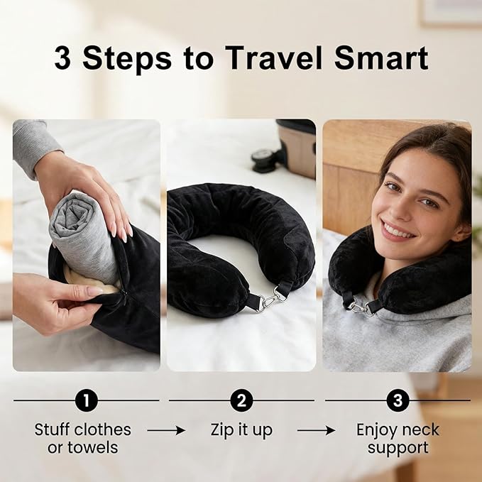 Stuffable Travel Neck Pillow, Soft Velvet Fillable Airplane Pillow for Clothes, Adjustable Neck Fit, Carry-On Packing Luggage Saver