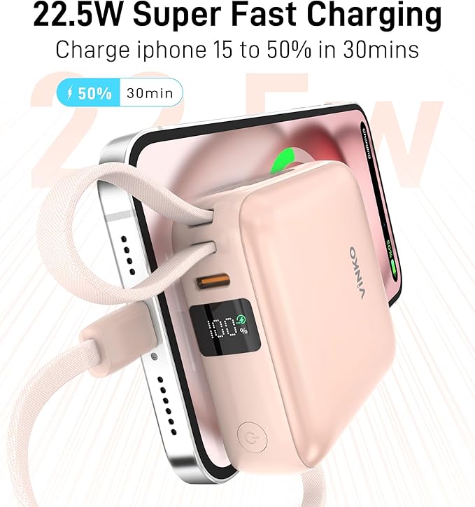 VINKO 10000mAh Power Bank Built-in Cables, Fast Charging with LED Display, Small Travel Battery Pack with Cords, Airplane Travel Essentials,Portable Phone Charger for iPhone 17 Smart Devcies(Pink)