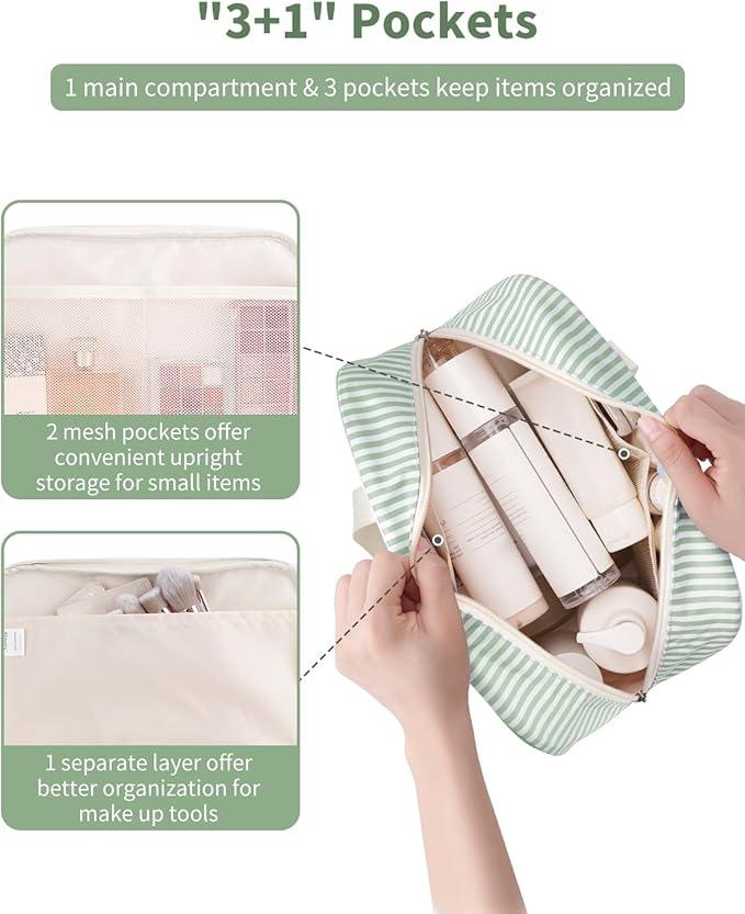 Full Size Toiletry Bag Women Large Cosmetic Bag Travel Makeup Bag Organizer Medicine Bag for Toiletries Essentials Accessories (Mint Green Stripe, Large)