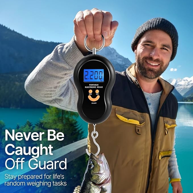 Flexzion Digital Hanging Scale – 110lb/50kg Portable Luggage Scale, and Fish Scale with Electronic Backlight LCD, Stainless Steel Hook, 2 AAA Included