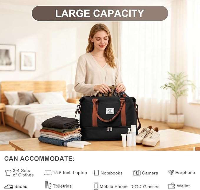 Travel Duffel Bag, 18x14x8 Inches Travel Bag Spirit with Shoes Compartment, Weekender Overnight Bag for Women with Trolley Sleeve, Carry On Bag for Airplanes Sport Tote Gym Bag(Blackbrown)