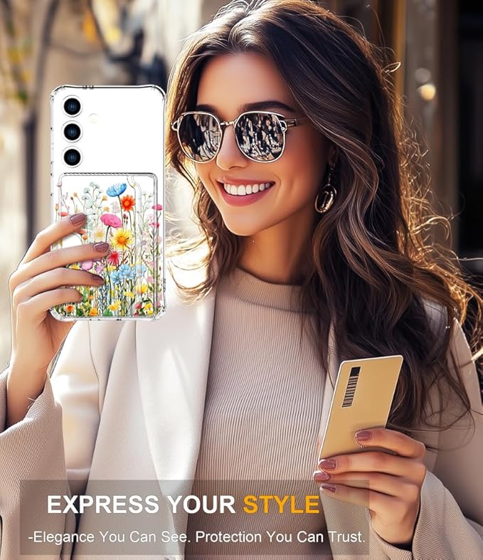 Compatible with Samsung Galaxy S24 / S25 Case Card Holder for Women Cute Design,Wallet Phone Cases Transparent Cool Kawaii Protective (Clear Flowers Herbs Wild Plants)