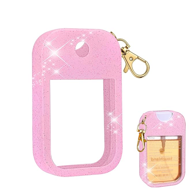 AIERSA Hand Sanitizer Spray Glitter Case Compatible with Touchland, Silicone Hand Sanitizer Case Holder with Keychain for Touch Land Mist 1FL. OZ(Glitter Sequin pink)
