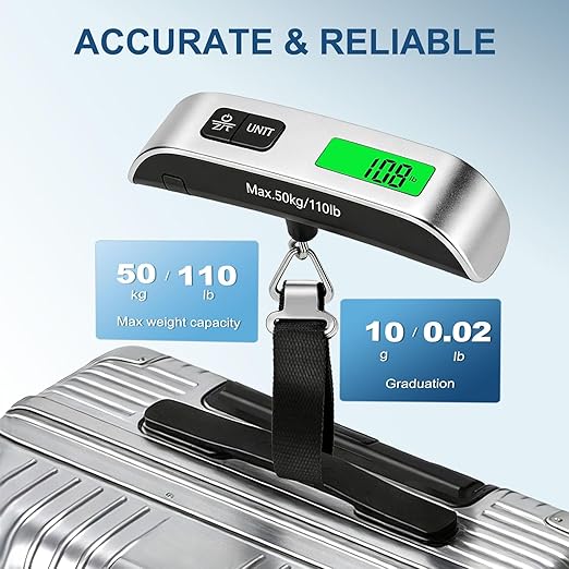 Digital Luggage Scale, 110lb Suitcase Weight Scale for Travel with Backlit LCD Display, 4-Unit Switching, Portable Hanging Baggage Scale for Luggage, Backpacks, Packages (Battery Included)