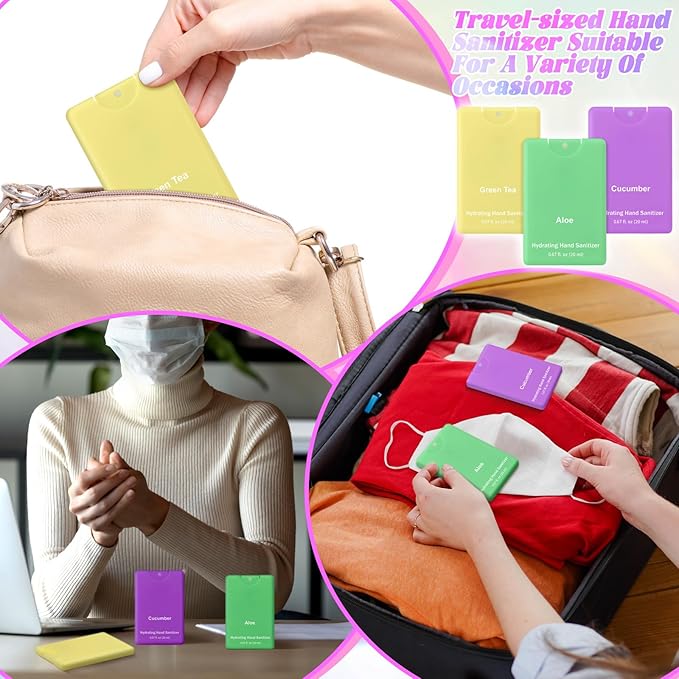 Set of 3 Power Mist Hydrating Hand Sanitizer Spray Bulk Travel Size Refreshing Hand Sanitizer 0.67 Fl. oz Compact Card Spray Bottle Aloe Green Tea Cucumber Scent for Adult Backpack Purse Pocket