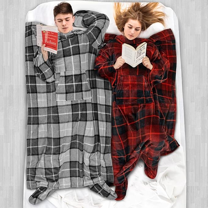PAVILIA Fleece Blanket with Sleeves, Foot Pockets for Women Men Adults, Plush Wearable Blanket Throw Wrap, Warm Snuggle Blanket Robe, Cozy Gift Ideas Wife Mom, Plaid Red