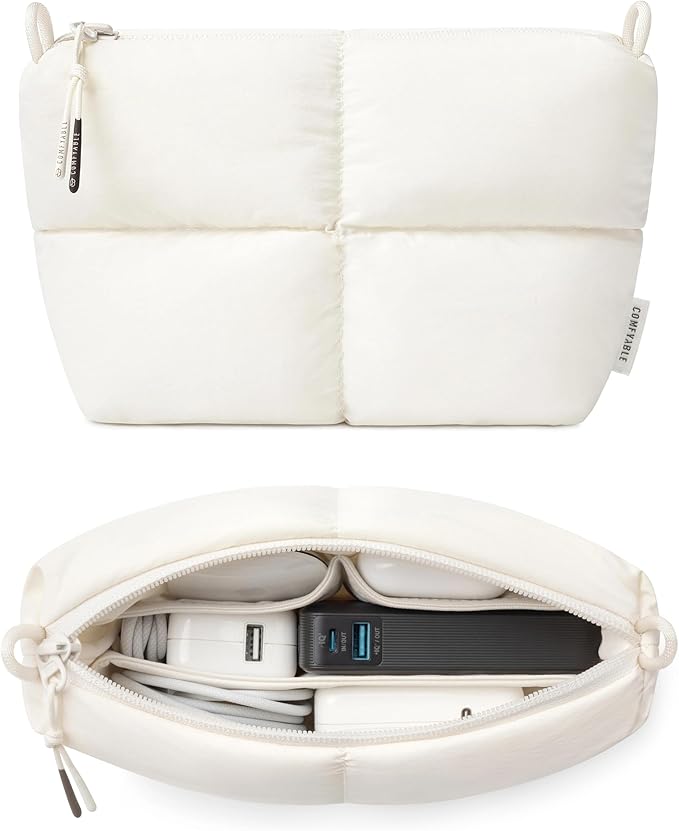 Comfyable Puffy Electronics Organizer Travel Case, Cute Tech Pouch for Women Men, Cable Storage Bag for Charger, Phone, Power Bank, Cord, Compact Tech Accessories Pouch, Rice