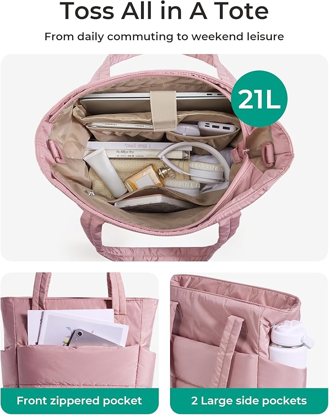 BAGSMART Tote Bag for Women, Lightweight Puffy Tote Bag with Compartments Shoulder Bag Handbag for Travel, Work, Gym | Lightweight, Puffy, Quilted, for Travel, Work