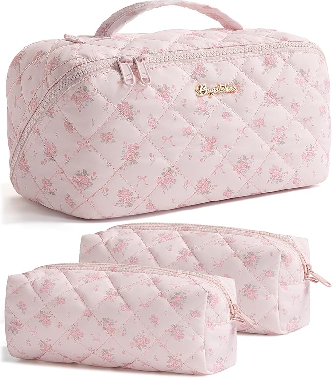 Travel Makeup Bag, 3 Pcs Large Capacity Puffy Toiletry Bag for Women, Open Flat Make up Cosmetic Organizer w/Handle & Clear Divider Water-resistant Portable Pouch Travel Essentials, L-Pink Rose