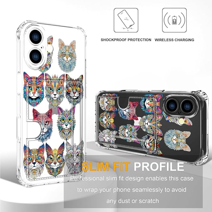 Compatible with iPhone 16 Plus Case Card Holder for Women Cute Design,Wallet Phone Cases Transparent Cool Kawaii Protective (Clear Tattoo Cats Animal)