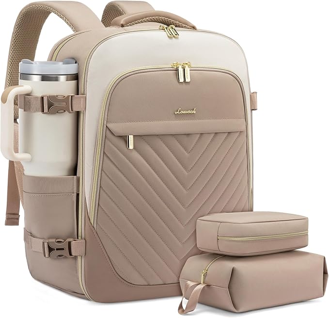 LOVEVOOK Travel Backpack for Women, TSA Approved Carry On Backpack with 2 Packing Cubes, Personal Item Backpack Fits 17 Inch Laptop, Weekender Water-resistant Daypack, Khaki-beige