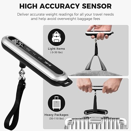 TIPRE Travel Luggage Scale 110lb Digital Suitcase Scale Portable Weight Scale Handheld Baggage Scale High Precision Stainless Steel Luggage Scale Carry-on Weight Scale Lightweight Travel Tool