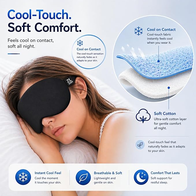 Cool-Touch Cotton Eye Sleep Mask for Men & Women, Soft & Breathable, Pressure-Free Design for Side Sleepers, Adjustable Light Blocking Mask for Sleeping, Travel & Naps (Black)