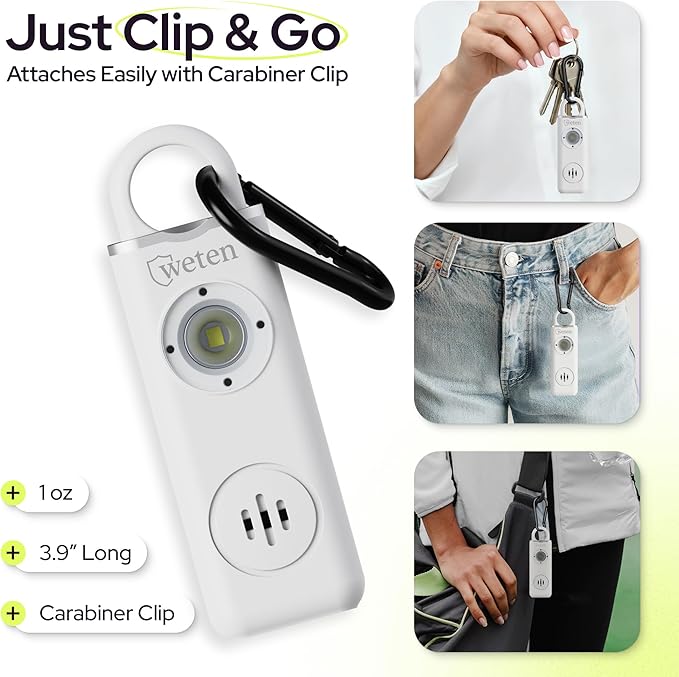 Personal Alarm for Women Safety - 130dB Loud Rechargeable Keychain Siren - LED Light, Carabiner Clip, Low Battery Alert, USB-C Charging TSA Safe Self Defense Alarm by Weten (White)