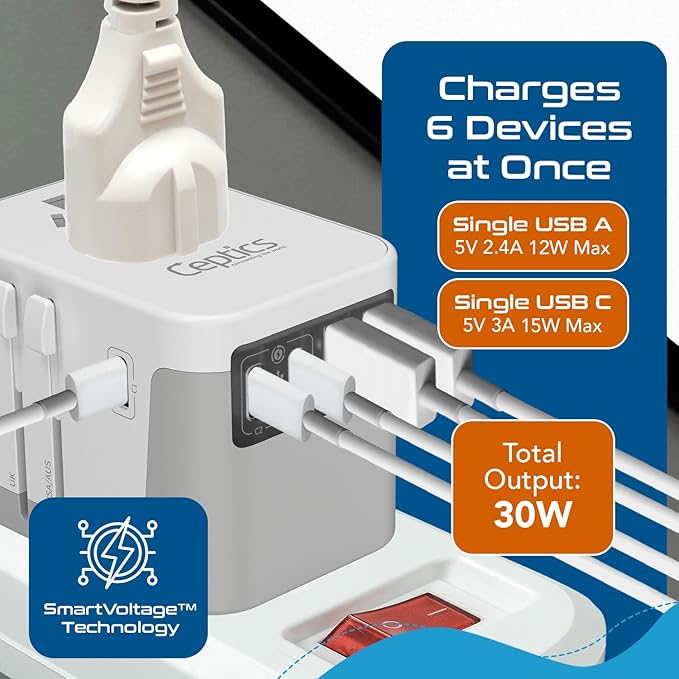Ceptics 6 in 1 Universal Travel Adapter, Universal Outlet w/ 2X USB-A and 3X USB-C 6A, Travel Power Adapter for use in EU, UK, US, AU and More, Universal Plug for Mobiles, Laptops- UP-30KU-WH