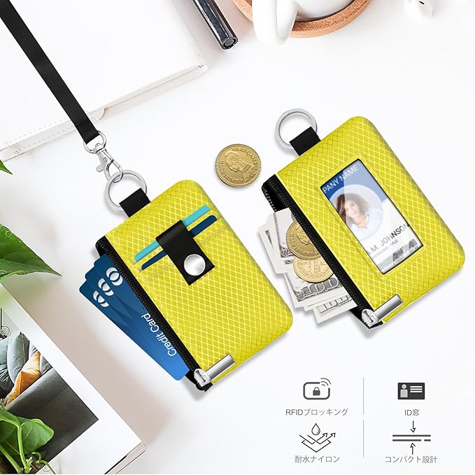 Minimalist RFID Blocking Small Wallet with ID Window,WaterResistant Zip Id Case Wallet with Lanyard Keychain for Cards,Cash,Travel,Women,Men (Lemon Yellow)