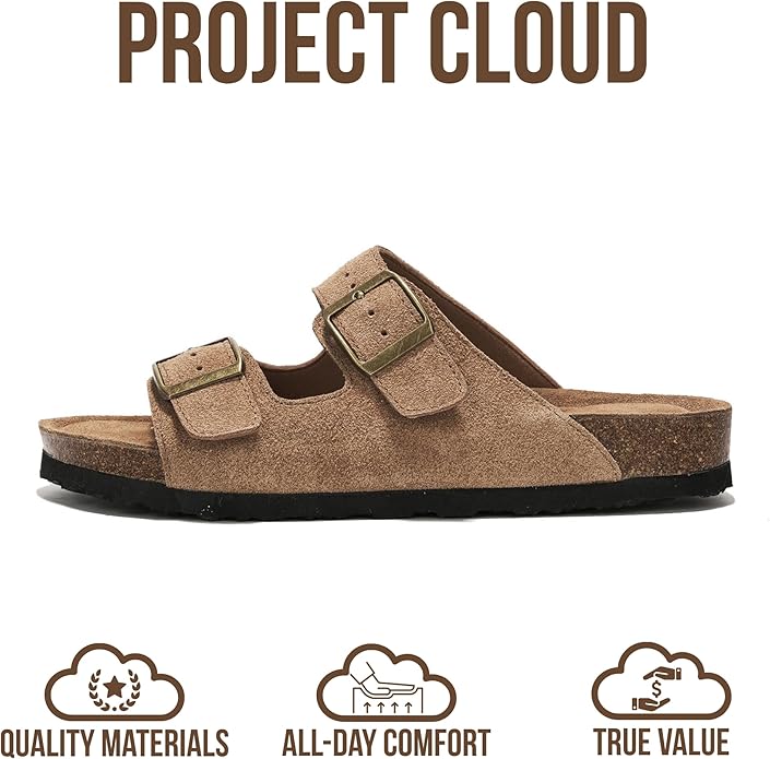 Project Cloud 100% Genuine Leather Flat Sandals For Women 2026 Cork Footbed Womens Sandals with Memory Foam and arch support Vacation Essentials Slides for Women Footwear (Venita)