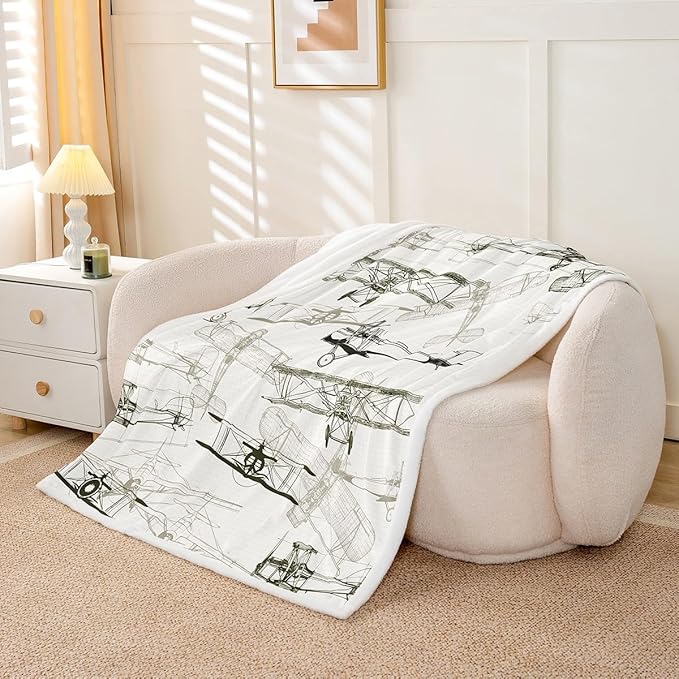 Aircraft Kids Throw Blanket,American Airplane Retro Bed Blanket for Girls Boys Adults,Air Vehicles Airplane Fleece Blanket,Beige Black Vintage Fuzzy Blanket,Twin Size (60 x 80 Inches)
