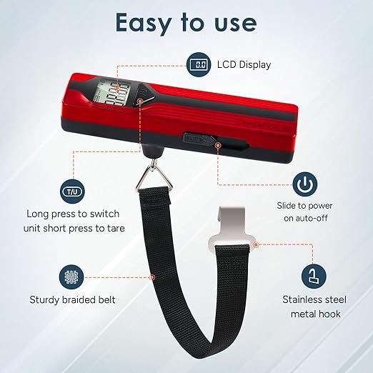 travel inspira Luggage Scale Battery-Free, Travel Essentials, Portable Handheld Digital Suitcase Weight Scale for for Travel Accessories, 110lbs/50kg (Red)