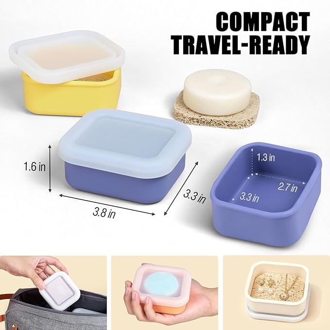 OTHIX 2 Pack Leakproof Silicone Travel Soap Case, Small Bar Soap Holder Container with Drainage Layer & Mini Portable Soap Dish for Shampoo Bars, Bathroom, Gym, Travel, Camping (Ice Blue & Yellow)