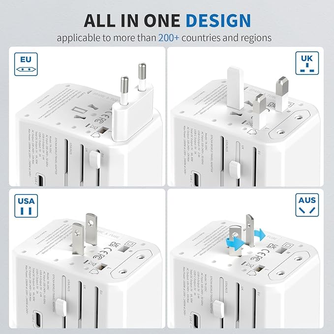EPICKA Universal Travel Adapter GaN 45W, European Travel Plug Adapter with PD&QC Fast Charging(2 USB-A & 3 USB-C Ports) - Worldwide Travel Essentials, International Power Adapter for UK/US/AU
