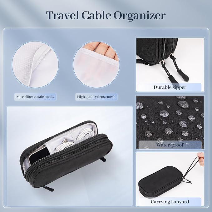 BLEUM CADE Electronics Organizer Travel Case Waterproof Shockproof Cable Organizer Bag with Double Layers for Phones, Chargers, Cords, Portable Durable Travel Accessory Black Medium