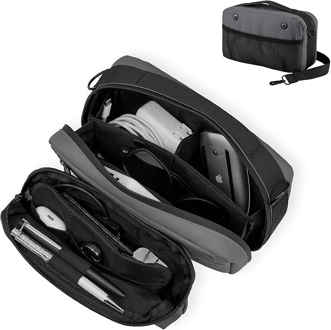 Travel Organizer Pouch Electronic Accessories Carry Case Waterproof Double Layers All-in-One for Cord, Phone, Airpods, USB Flash Drive for Men Women, Portable Charger Organizer (Grey)