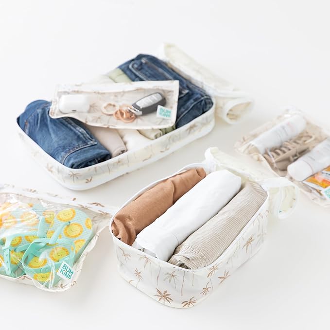 Bumkins Packing Cubes and TSA Approved Pouches for Travel Bag, Organize Luggage with Compression Bags, Essential Traveling Accessories to Pack Clothes, Toiletries Carry On Suitcase, 5-pc Palm Trees