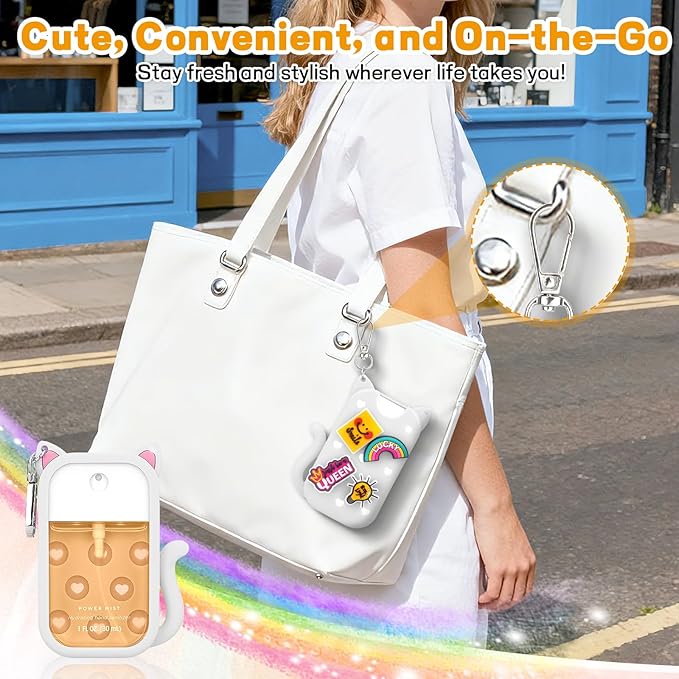 Cute Cat Silicone Cover for Touchland Hand Sanitizer Spray with Keychain,Fit 1FL OZ/30ML Power Mist,4 Charms Accessory Hand Sanitizer Keychain Holder for Touchland(1PCS White)