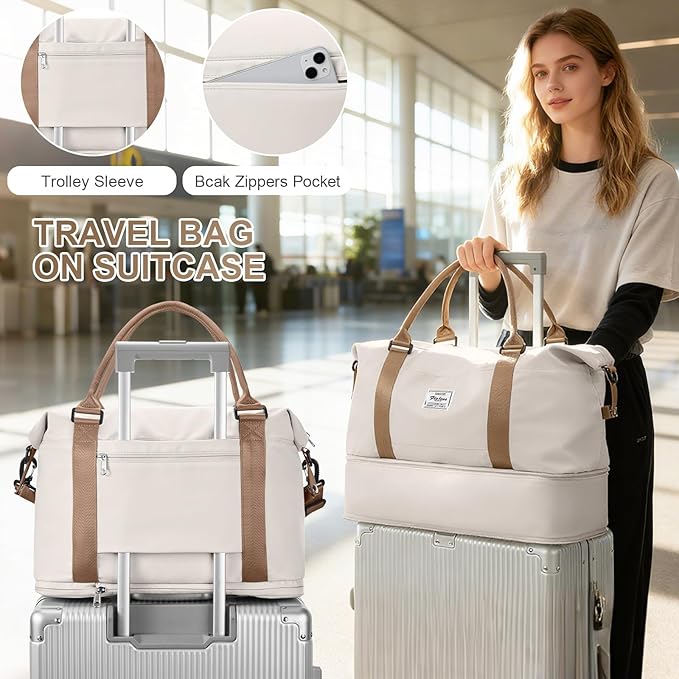 Travel Duffel Bag, 18x14x8 Inches Travel Bag Spirit with Shoes Compartment, Weekender Overnight Bag for Women with Trolley Sleeve, Carry On Bag for Airplanes Sport Tote Gym Bag(Beigebrown).