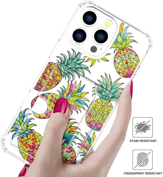 Compatible with iPhone 16 Pro Case Card Holder for Women Cute Design,Wallet Phone Cases Transparent Cool Kawaii Protective (Clear Pineapple Fruit Tropical)