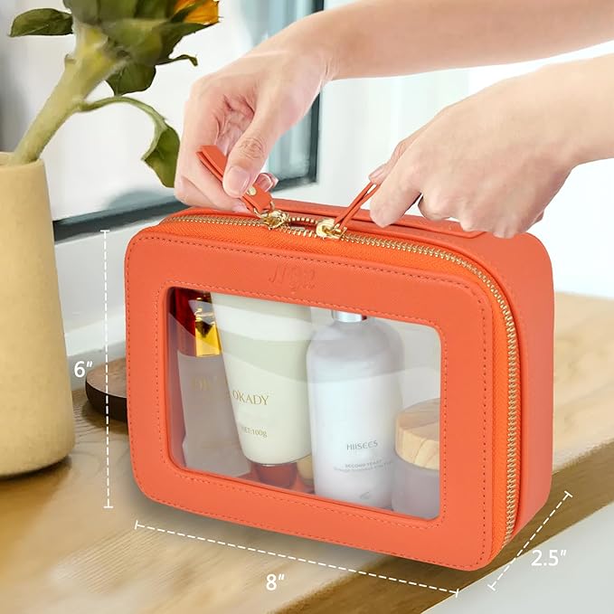NGIL Clear Faux Leather Travel Toiletry Bag, Makeup Bag Organizer for Women, Clear Window & Gold Zipper Makeup Bag, Road Trip Essential, Skincare, Cruise Ship Essentials (Orange)