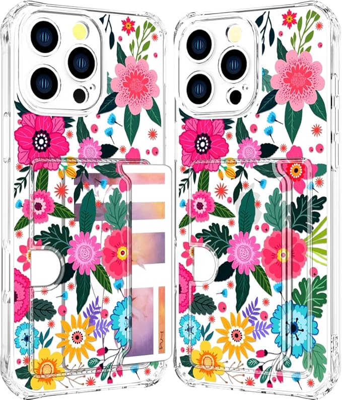 Compatible with iPhone 16 Pro Case Card Holder for Women Cute Design,Wallet Phone Cases Transparent Cool Kawaii Protective (Clear Floral Spring Blossom)
