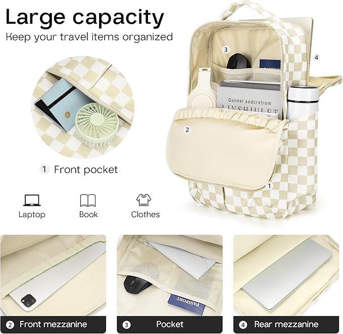 Checkered Backpack for Women Fashion Backpacks with Laptop and Multi Compartment for Travel and Work Beige Check