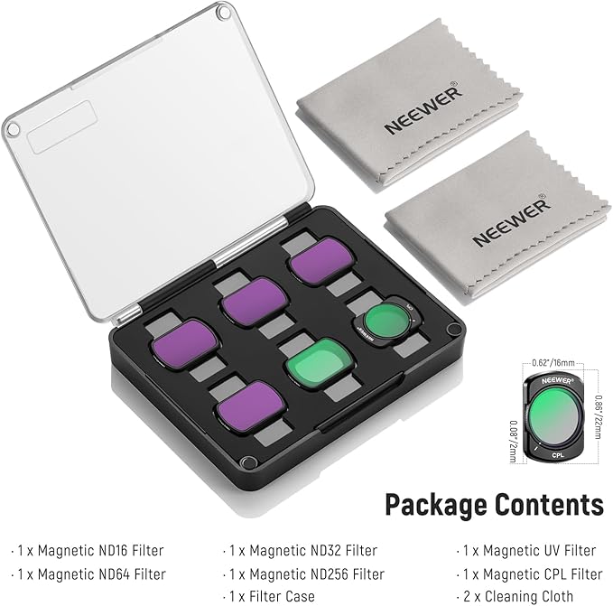 NEEWER Magnetic ND Filter Set Compatible with DJI Osmo Pocket 4 Pocket 3 Creator Combo Accessories, 6 Pack ND16 ND32 ND64 ND256 CPL UV Lens Filter Kit + 2X Cleaning Cloth