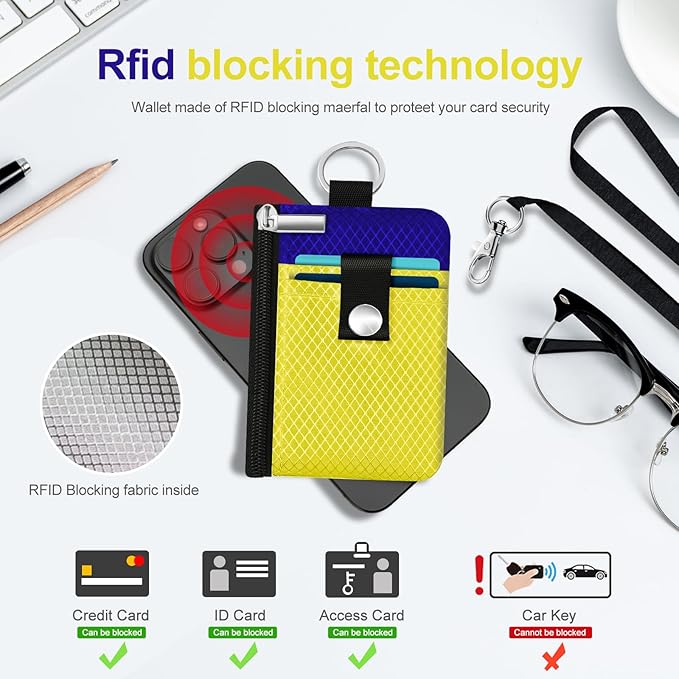 Minimalist RFID Blocking Small Wallet with ID Window,WaterResistant Zip Id Case Wallet with Lanyard Keychain for Cards,Cash,Travel,Women,Men (Lemon Yellow/Sapphire Blue)