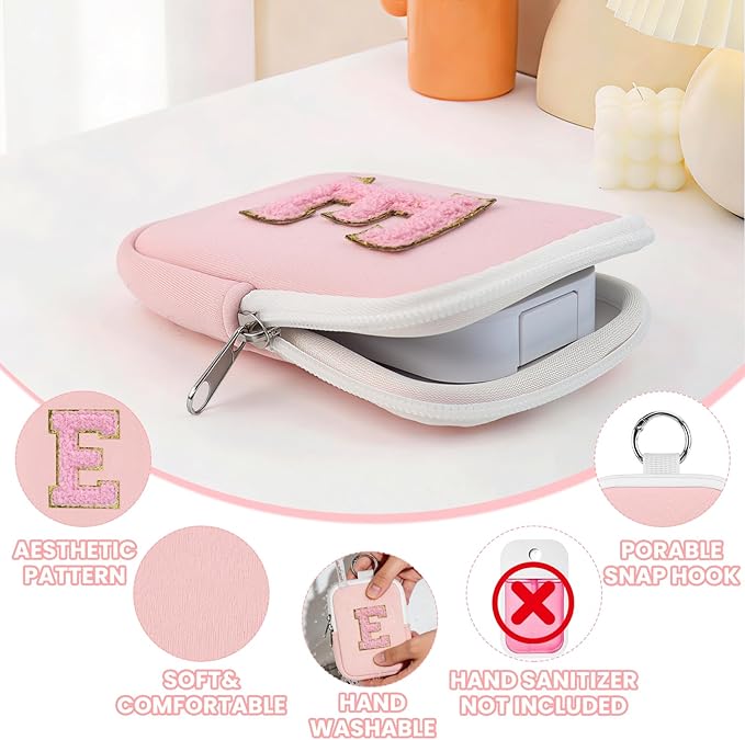 Shenier Alphabet Zippered Case with Keychain, Cute Design, Compatible with Touchland Power Mist Gentle/Glow Mist Hand Sanitizer Spray, Pink-E