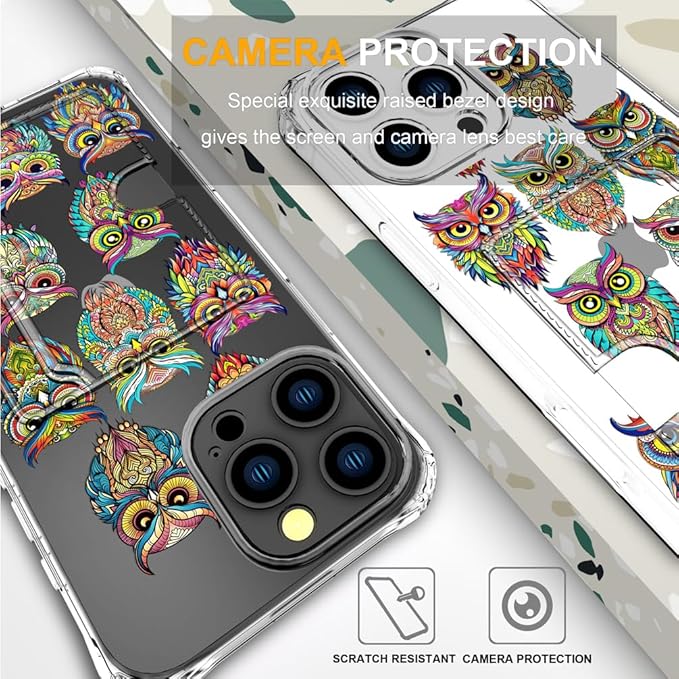 Compatible with iPhone 16 Pro Max Case Card Holder for Women Cute Design,Wallet Phone Cases Transparent Cool Kawaii Protective (Clear Colorful Owls Cartoon)