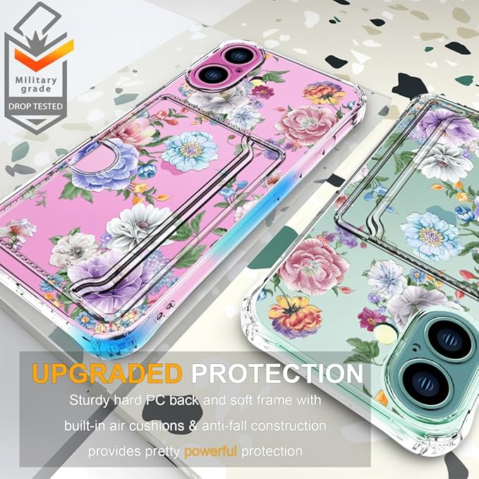 Compatible with iPhone 17 Case Card Holder for Women Cute Design,Wallet Phone Cases Transparent Cool Kawaii Protective (Clear Amazing Lovely Flowers)