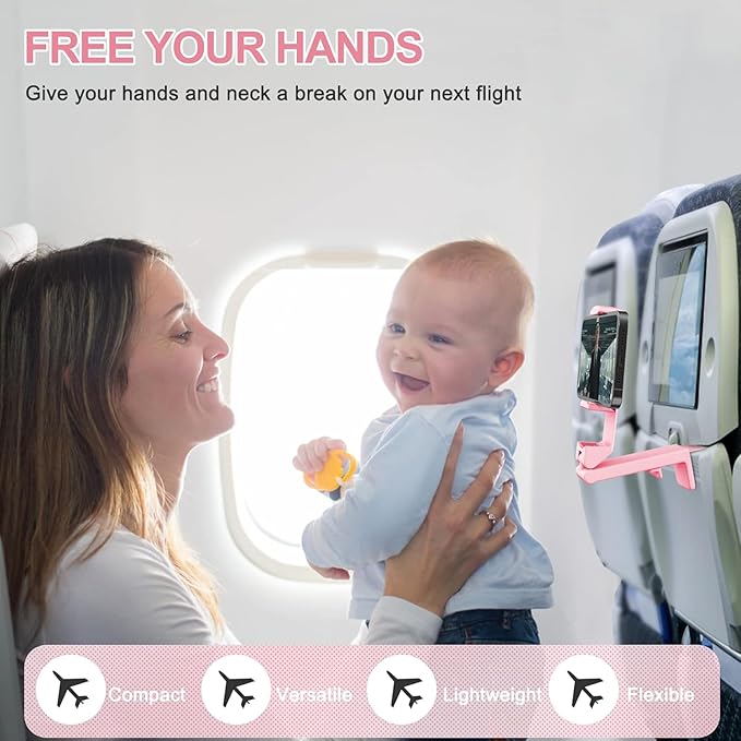 Airplane Travel Essentials Phone Holder, Universal Handsfree Phone Mount for Flying with 360 Degree Rotation, Accessory for Airplane, Travel Must Haves Phone Stand for Desk (Pink)
